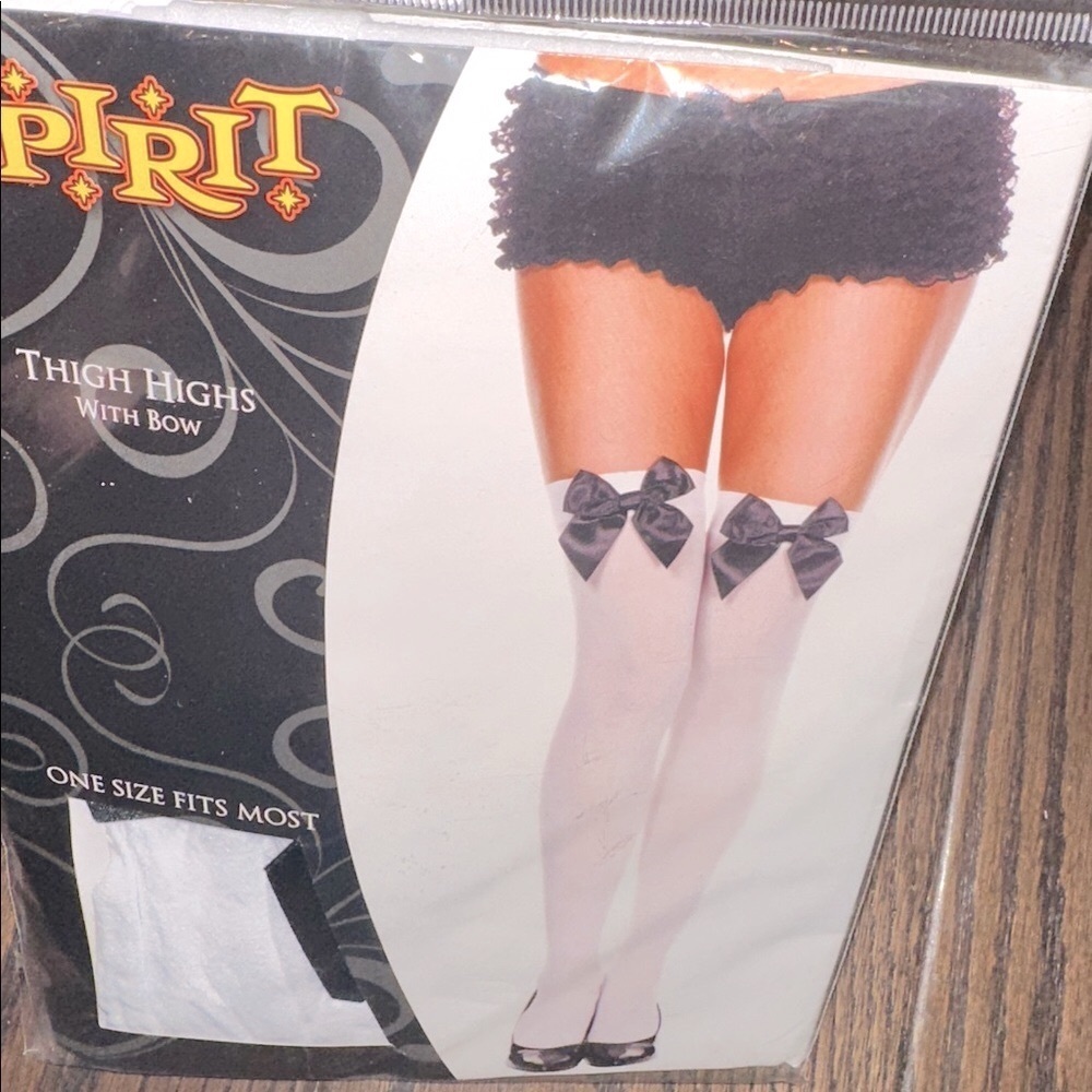 Spirit Halloween White Thigh Highs with Black Bows one size new in package - Picture 2 of 4